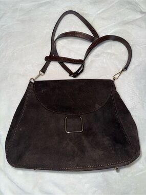 Lilium Firenze chocolate brown suede shoulder bag featuring a distinctive square
